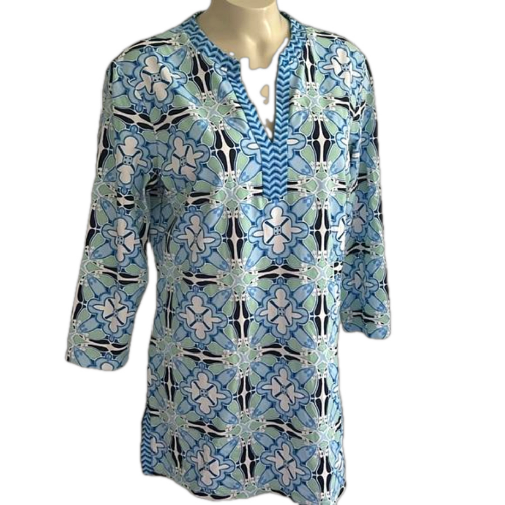 J. Mclaughlin LARGE Catalina Cloth Blue Green Geometric Print 3/4 Sleeve Dress - Picture 2 of 12